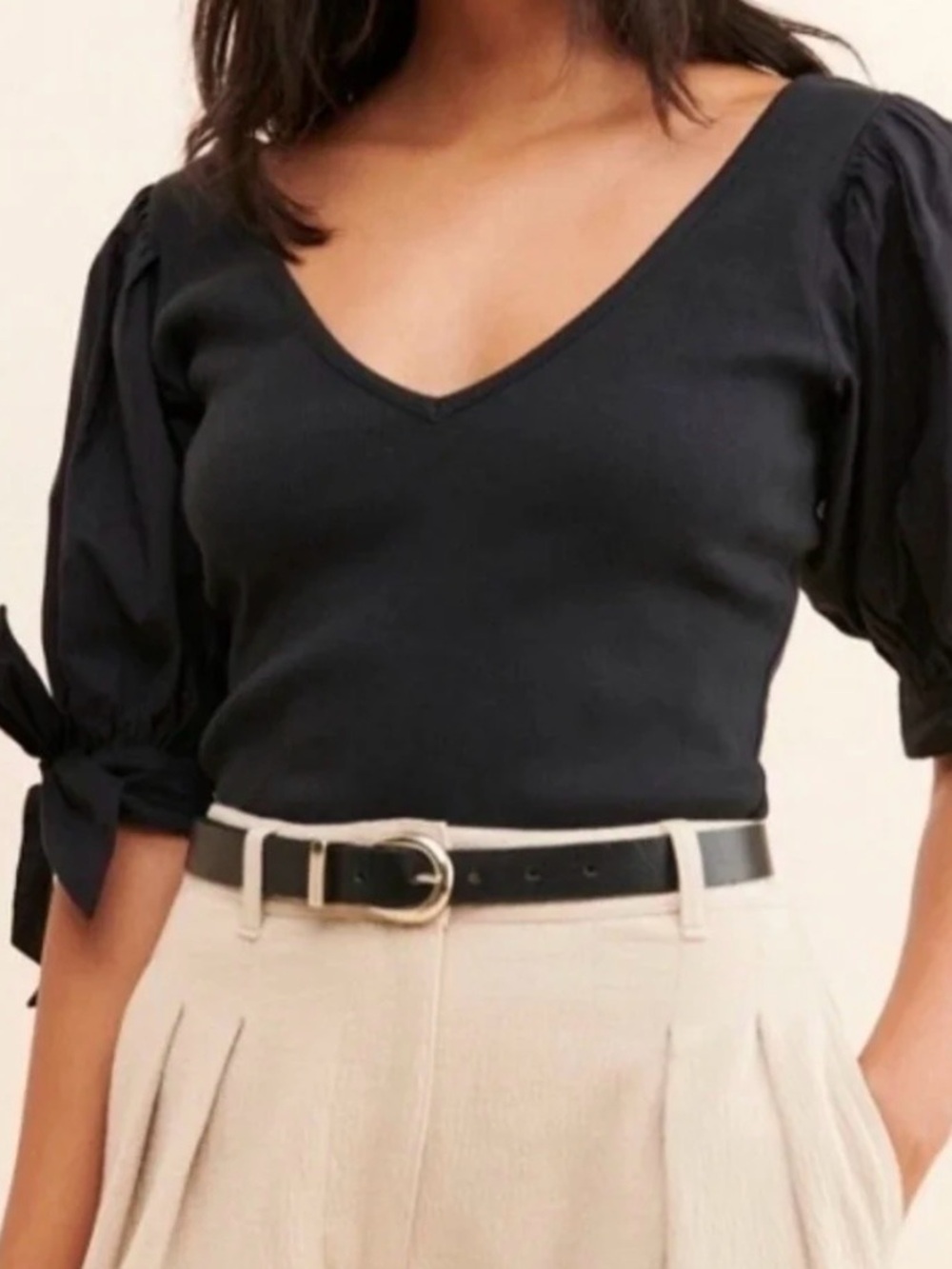 Anthropologie Black V-Neck Puff Sleeve Tie Top